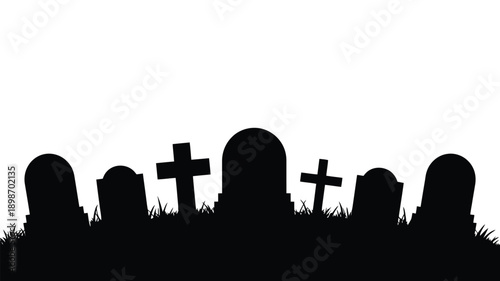 Silhouette of graves and crosses against a dark sky backdrop isolated on white background, Vector, illustration