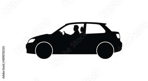 A sleek black silhouette of a modern hatchback car with two passengers inside showcasing a minimalist design silhouette high quality