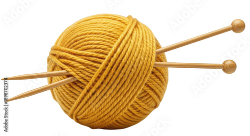 Mustard yellow yarn ball with wooden knitting needles still life crafting hobby isolated on transparent background