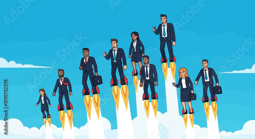 Business Professionals Launching Upward Like Rockets, Team Success, Leadership and Career Growth Illustration
