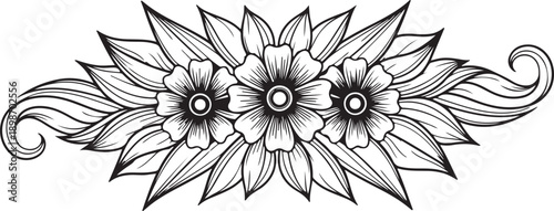 Intricate black and white floral design with symmetrical patterns and detailed petals
