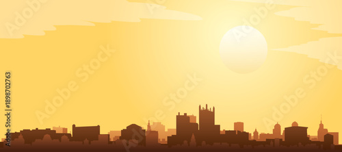Golden yellow panoramic poster of the city skyline with misty background buildings and clouds of PITTSBURGH, UNITED STATES