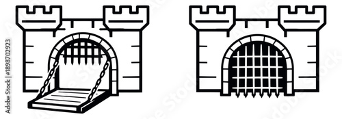 Simple line art castle gate set featuring open drawbridge and closed portcullis variations for historical design elements