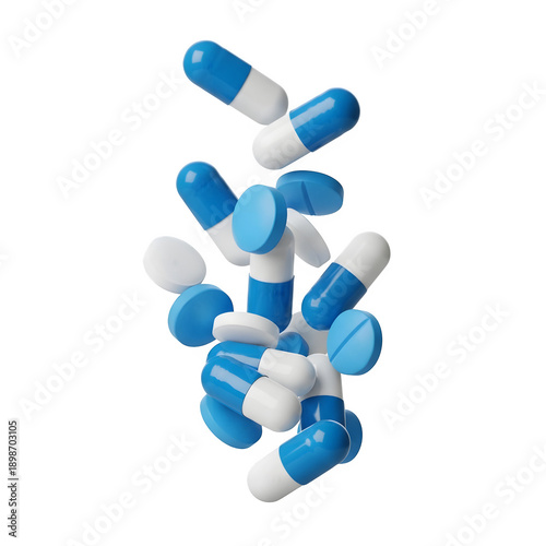 blue and white pills falling isolated on transparent or white background. PNG

