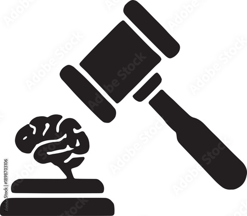 A judge's gavel striking a sound block with a small brain icon nearby, representing laws, governance, and the legal frameworks controlling AI, bold vector art
