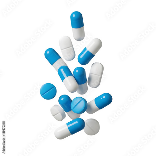 blue and white pills falling isolated on transparent or white background. PNG
