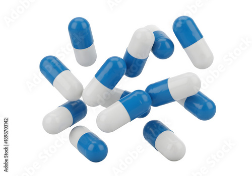 blue and white pills falling isolated on transparent or white background. PNG
