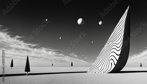Surreal Monochrome Landscape with Abstract Organic Form and Floating Spheres