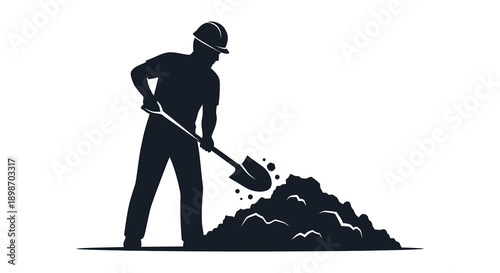 A striking black and white image depicts a worker digging with a shovel contrasted against a pile of earth a bold silhouette