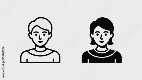 Simple black and white illustration of a young man and woman smiling isolated on white background, Vector, illustration