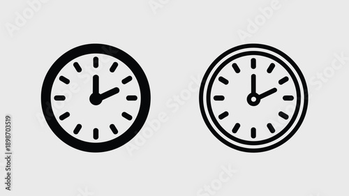 Two analog clocks displaying different times side by side in black and white isolated on white background, Vector, illustration