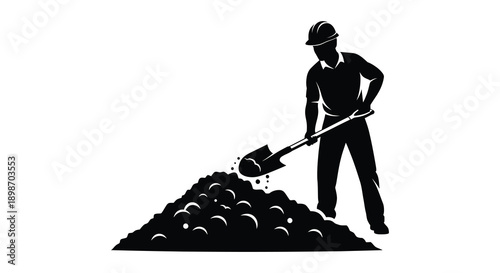 A stark black silhouette of a worker digging with a shovel amidst a pile of earth representing labor and construction silhouette