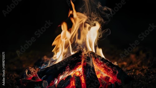 Fiery flames ascend from burning logs, with smoke against a dark backdrop