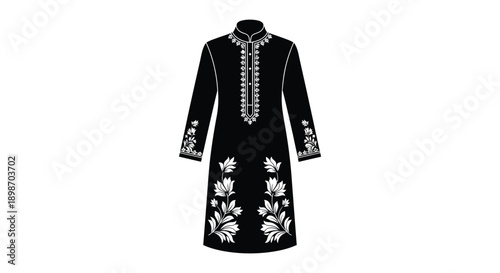 A detailed black kurta design is presented against a stark white background showcasing traditional embroidery and a striking silhouette