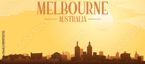 Golden yellow panoramic poster of the city skyline with misty background buildings and clouds of MELBOURNE, AUSTRALIA