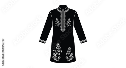 A detailed black kurta design with intricate white floral embroidery is presented on a plain background silhouette high quality professional