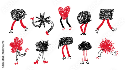 Abstract Emotional Tangle Characters, Mental Health Concepts in Shaky Line Doodle Style