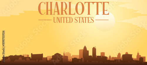 Golden yellow panoramic poster of the city skyline with misty background buildings and clouds of CHARLOTTE, UNITED STATES