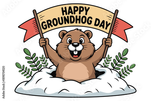 Cute cartoon brown groundhog holding happy groundhog day banner emerging from snowy burrow with green plants Candlemas Day 1