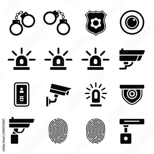Collection of security and surveillance icons representing various safety measures isolated on white background, Vector, illustration