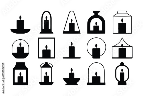 Fourteen Candlemas Day black silhouette candle holders in various geometric shapes and styles isolated on white background