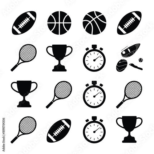 A collection of sports icons including balls, trophies, and stopwatches isolated on white background, Vector, illustration