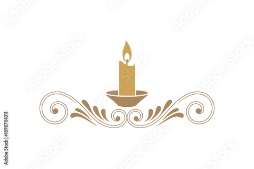 Lit golden candle in brown decorative swirl holder on Candlemas Day white background