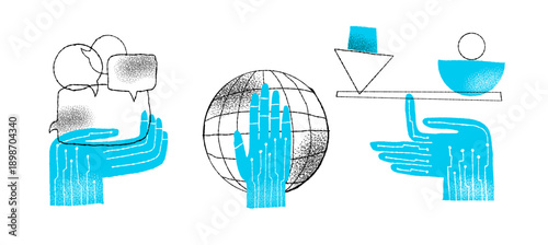 AI Robotic Hands Concepts, Global Technology and Balance Symbols in Hand-Drawn Doodle Style