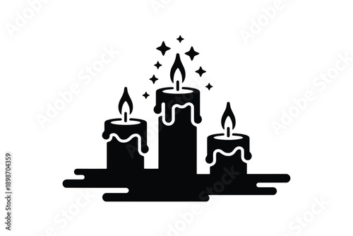 Three Candlemas Day black silhouette candles with dripping wax and flames emitting sparkles on white background