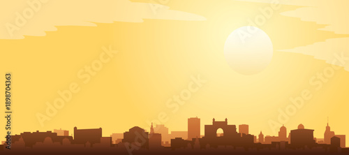 Golden yellow panoramic poster of the city skyline with misty background buildings and clouds of MUMBAI, INDIA