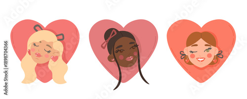 Beautiful cartoon girls faces in hearts. Vector young women portraits. St. Valentine's Day Illustrations in flat style on white background. Template for greeting cards