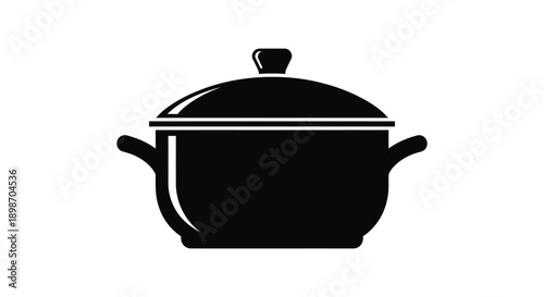 A stark black silhouette of a cooking pot with a lid and handles is displayed against a white background silhouette