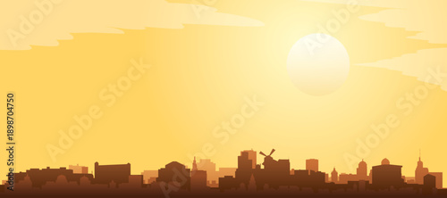 Golden yellow panoramic poster of the city skyline with misty background buildings and clouds of PARIS, FRANCE