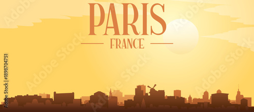 Golden yellow panoramic poster of the city skyline with misty background buildings and clouds of PARIS, FRANCE