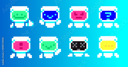 Pixel Art AI Bot Helper Set, 8-Bit Robot Emoji with Different Emotions and Expressions