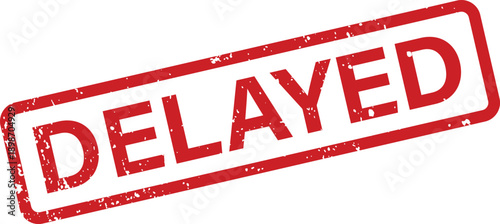 A strong red stamp illustrates the word DELAYED within a gritty rectangular border on a plain white surface