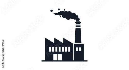 A stark black silhouette depicts an industrial factory with emitting smoke stacks symbolizing pollution and manufacturing processes silhouette high quality