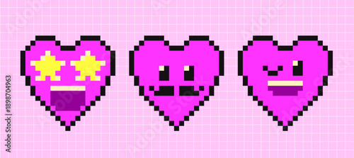 Pixel Art Heart Emoji Collection, Retro 8nd-Bit Gaming Icons with Cute Faces and Mustache