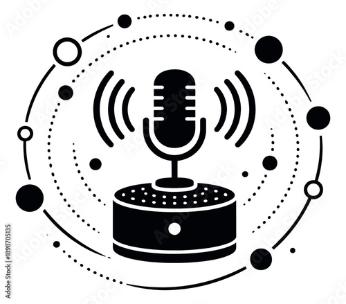 Graphic illustration of a smart speaker with a microphone depicting sound waves and network connectivity for audio communication and smart home technology