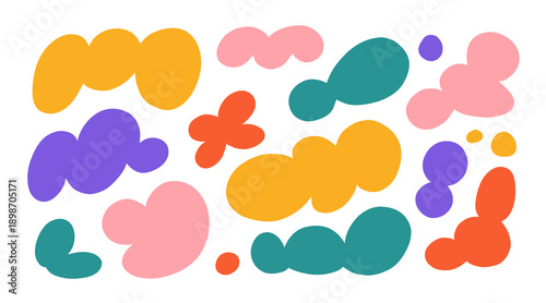 Organic irregular blob shapes. Color random deform fluid spots. Abstract liquid forms set. Simple freeform, asymmetric bubble blotches, drops or basic stains. Blots, amoeba or uneven outline figures.
