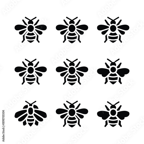 Black and white illustration of a grid of bees in various orientations isolated on white background, Vector, illustration