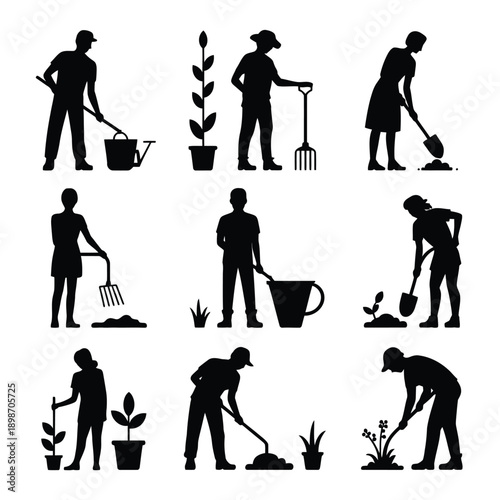 Silhouettes of gardeners engaged in various horticultural activities isolated on white background, Vector, illustration