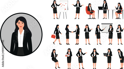 Business woman character set illustration showing professional office activities presentation teamwork leadership communication corporate roles modern female entrepreneur avatar collection design