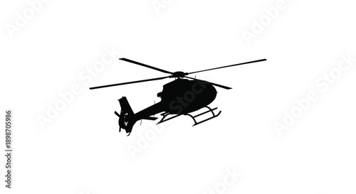 A stark black helicopter is depicted in mid flight against a plain white background creating a dramatic silhouette high quality professional