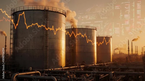 Oil refinery at dusk with stock market chart overlay