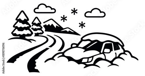 Simplified line art illustration of a car depicting a snowy winter road for seasonal travel themes