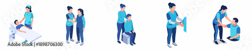 Isometric Healthcare Professionals Assisting Patients in Various Medical Scenarios Illustration