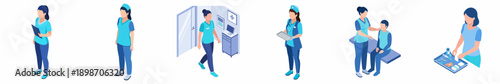 Isometric Professional Medical Staff Nurse or Doctor Character Poses Illustration
