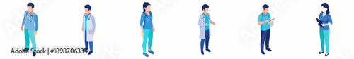 Isometric Full Body Doctor and Nurse Characters Wearing Uniform Illustration