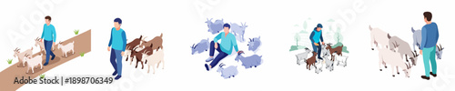 Isometric Man Character Herding Goats with Stick Isolated on White Background